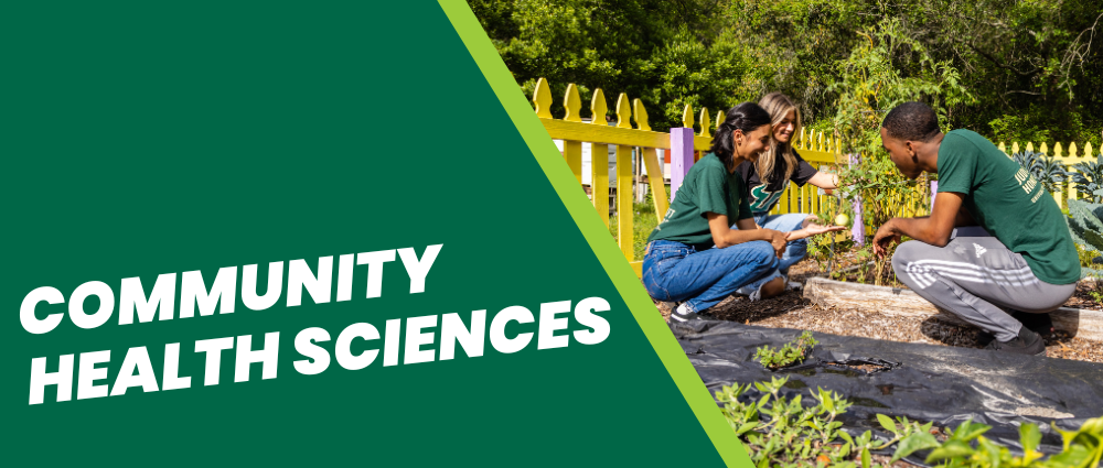 A group of students collaborating on community health initiatives in a vibrant, outdoor garden setting, next to text that reads "Community Health Sciences" with a green background.